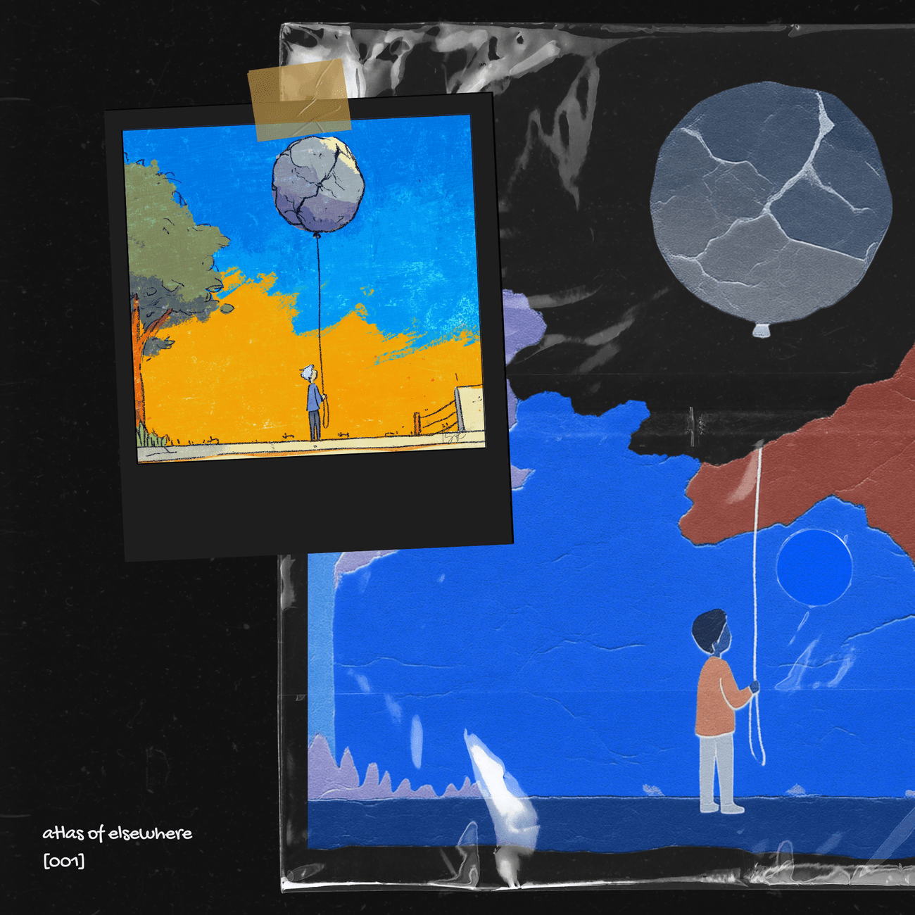Mixed-media layout for "Boy with Rock Balloon." A taped Polaroid frames the primary scene: a clean line drawing of a boy holding a cracked stone balloon against a yellow-blue sky. Under a crinkled plastic overlay, the background features a magnified, cut-off version with inverted colors; dark, textured, torn-paper blocks make the stone balloon resemble an asteroid hovering over the boy.