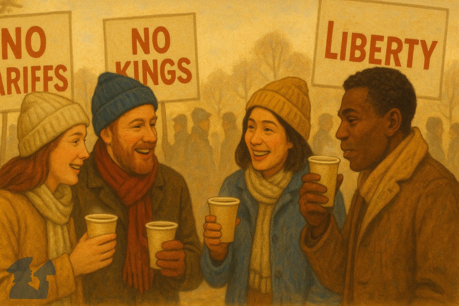 Illustration of pro-democracy demonstrators in Chaska Minnesota chatting over hot coco Illustration of pro-democracy demonstrators in Chaska Minnesota chatting over hot coco