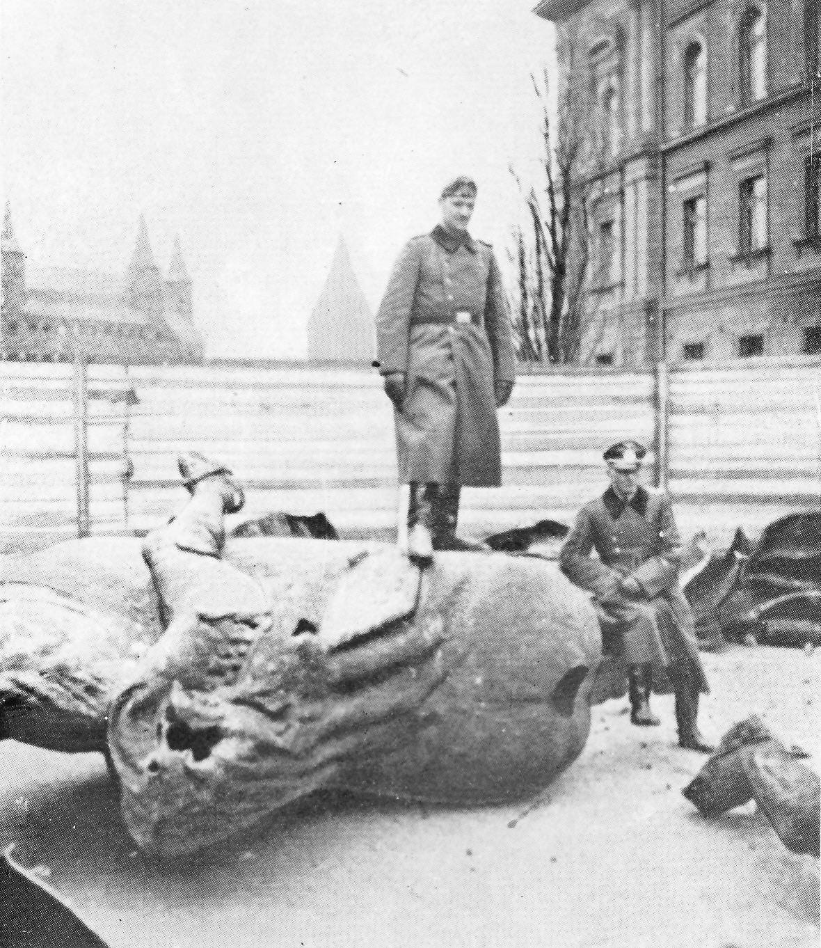 A German soldier stands on a destroyed Grunwald monument in occupied Poland. The statue commemorated the Polish victory at Grunwald against the Teutonic Knights in 1410. (1940) A German soldier stands on a destroyed Grunwald monument in occupied Poland. The statue commemorated the Polish victory at Grunwald against the Teutonic Knights in 1410. (1940)
