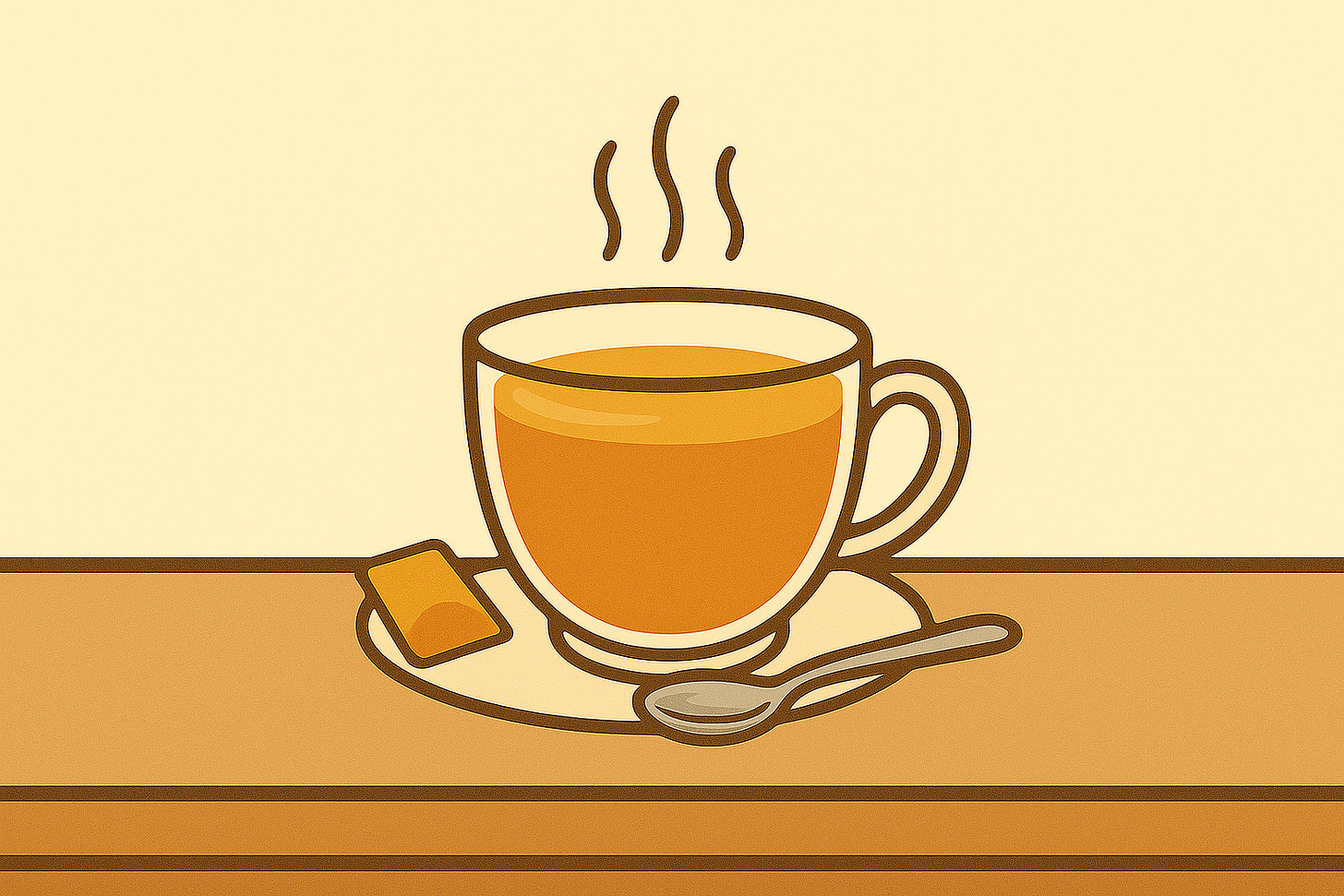 A cup of brewed tea on a saucer with a spoon, a used tea bag, resting on a wooden table.