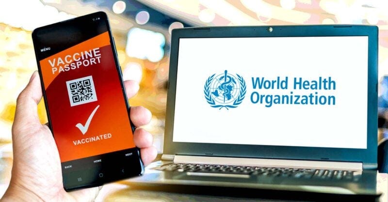 WHO logo and vaccine passport on cellphone