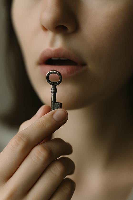 Close-up of a person holding a key, close to open mouth as if about to swallow it