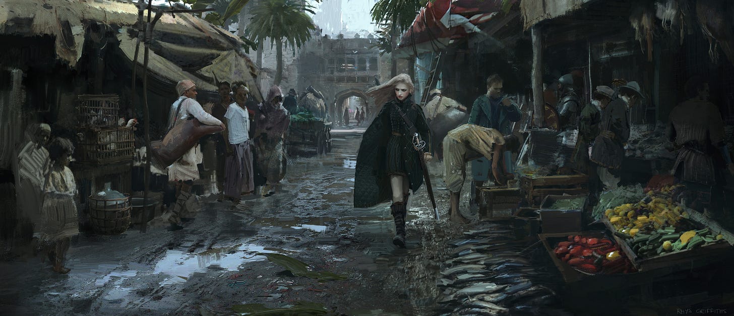 General 3840x1653 artwork urban women fantasy art fantasy girl women with swords Girl With Weapon blonde long hair fantasy city digital art