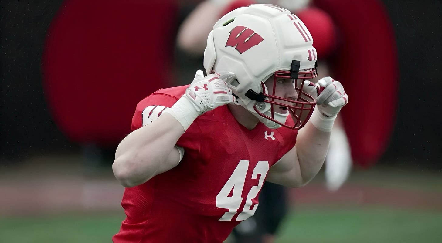 Wisconsin Badgers fullback Tyler Jansey (42) is shown during spring football practice Wisconsin Badgers fullback Tyler Jansey (42) is shown during spring football practice
