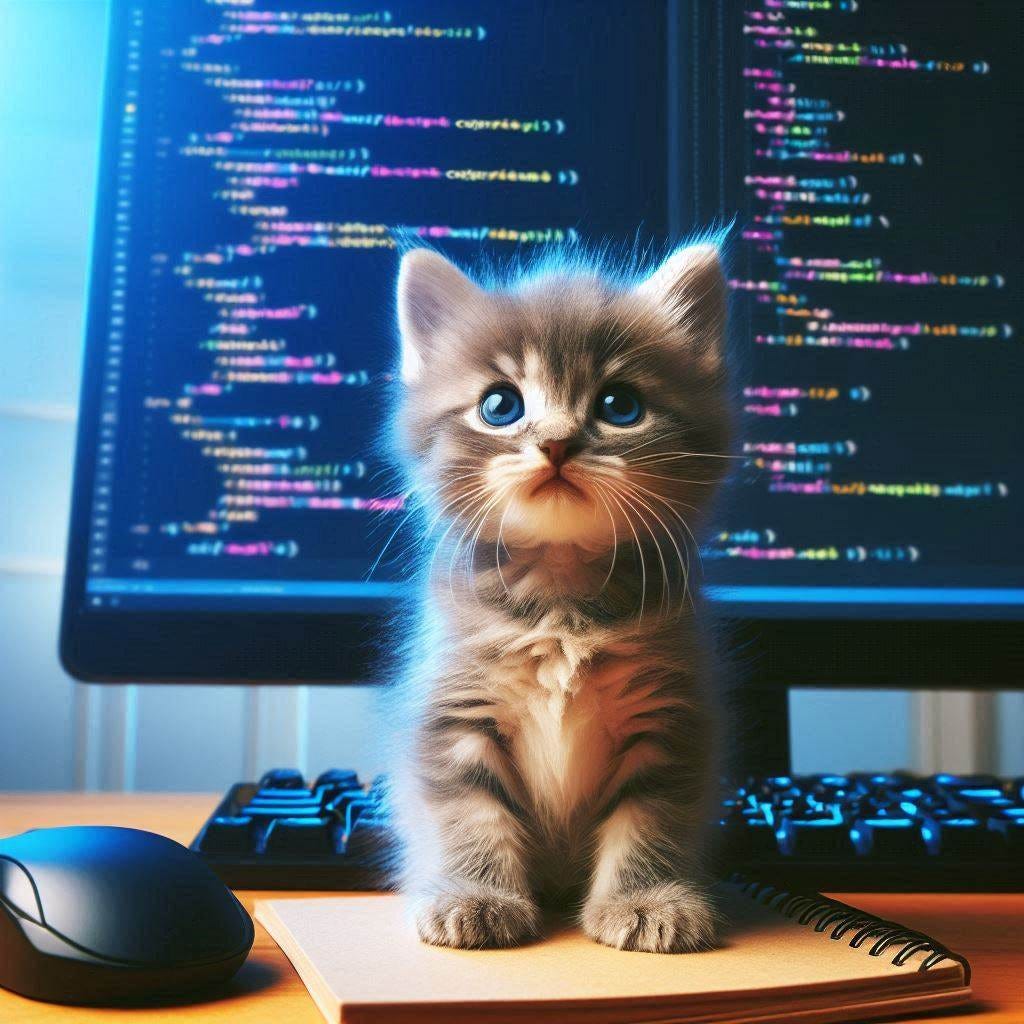 Um gatinho sentado em frente a um computador, com linhas de código na tela. Representa um dev iniciante ou curioso aprendendo boas práticas.