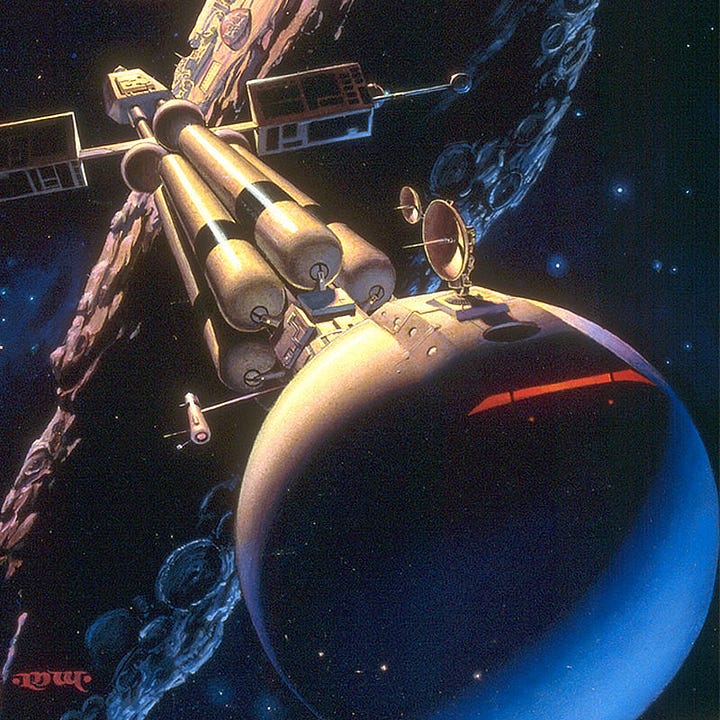LEFT: Detail from OUTBOUND featuring a ship reminiscent of the Discovery from the movie 2001: A Space Odyssey.  RIGHT: Background detail from OUTBOUND featuring a closer look at the asteroid's surface. A dome and other structures hint at a colony or starbase there.