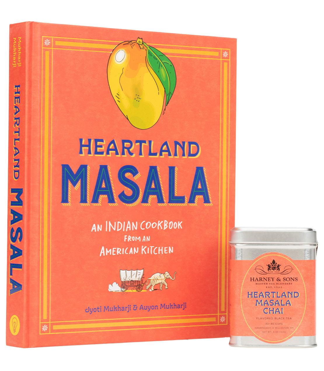 Heartland Masala Chai Tea and cookbook bundle featuring a vibrant cookbook cover and a tin of chai tea.