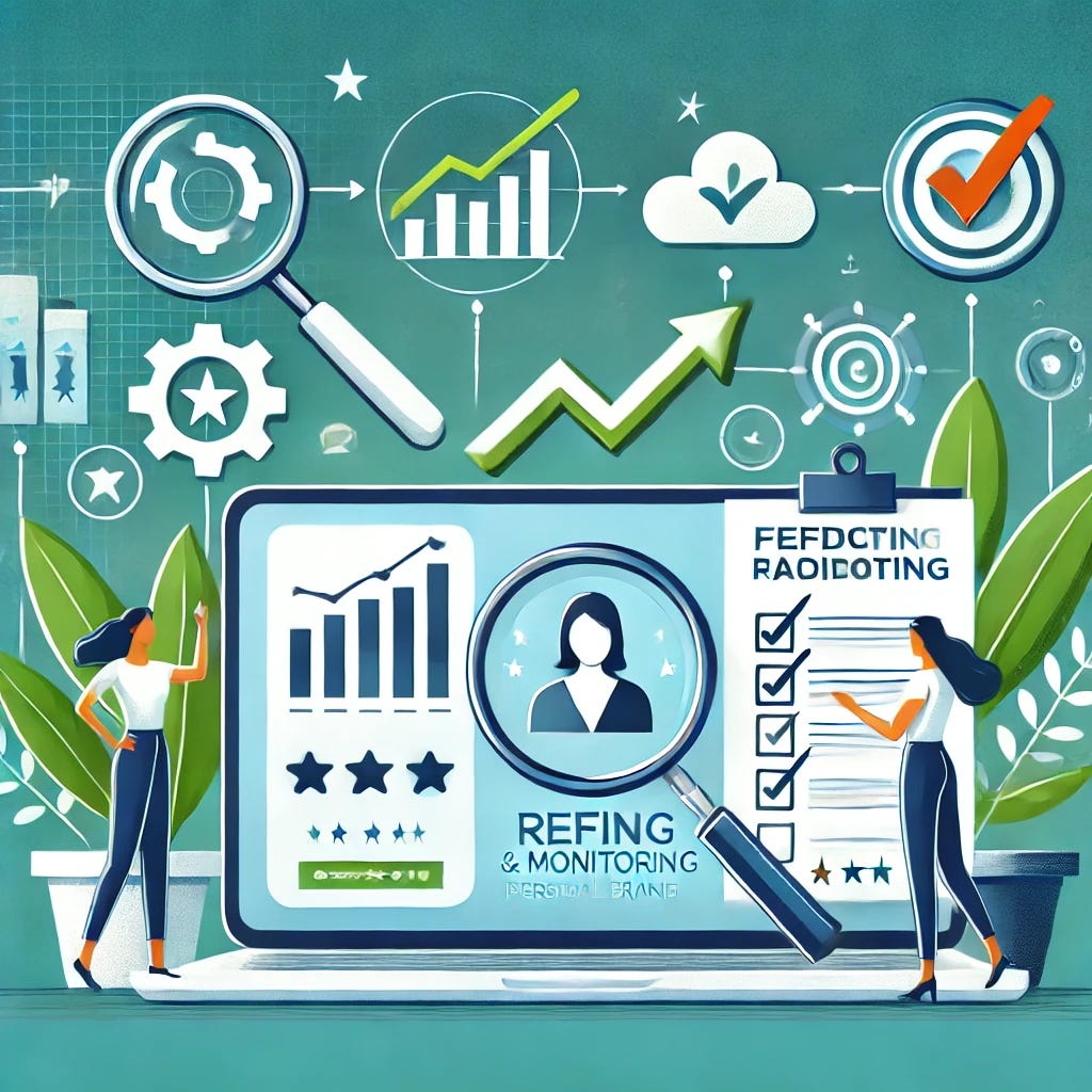 An illustration representing refining and monitoring a personal brand, featuring a person reviewing analytics on a laptop with charts, graphs, and feedback symbols. The background includes elements like a magnifying glass, a checklist, and an evolving pathway symbolizing growth and adaptability. The design is modern and vibrant, with tones of green, blue, and white to convey progress and clarity.
