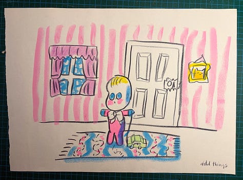 drawings of a funny spooky ghost baby floating around a room