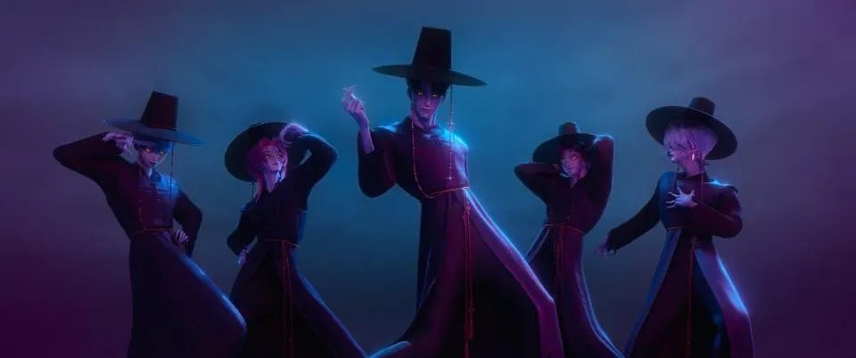 The Saja Boys from K-Pop Demon Hunters in their natural demon forms, looking like shadow daddies.