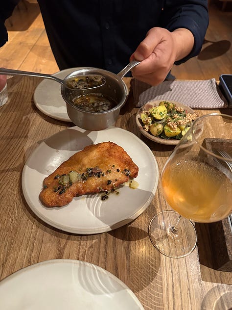 left: chicken sandwich from Poulette; middle: wiener schnitzel from Barr; right: oysters and seafood dishes at Kødbyens Fiskebar