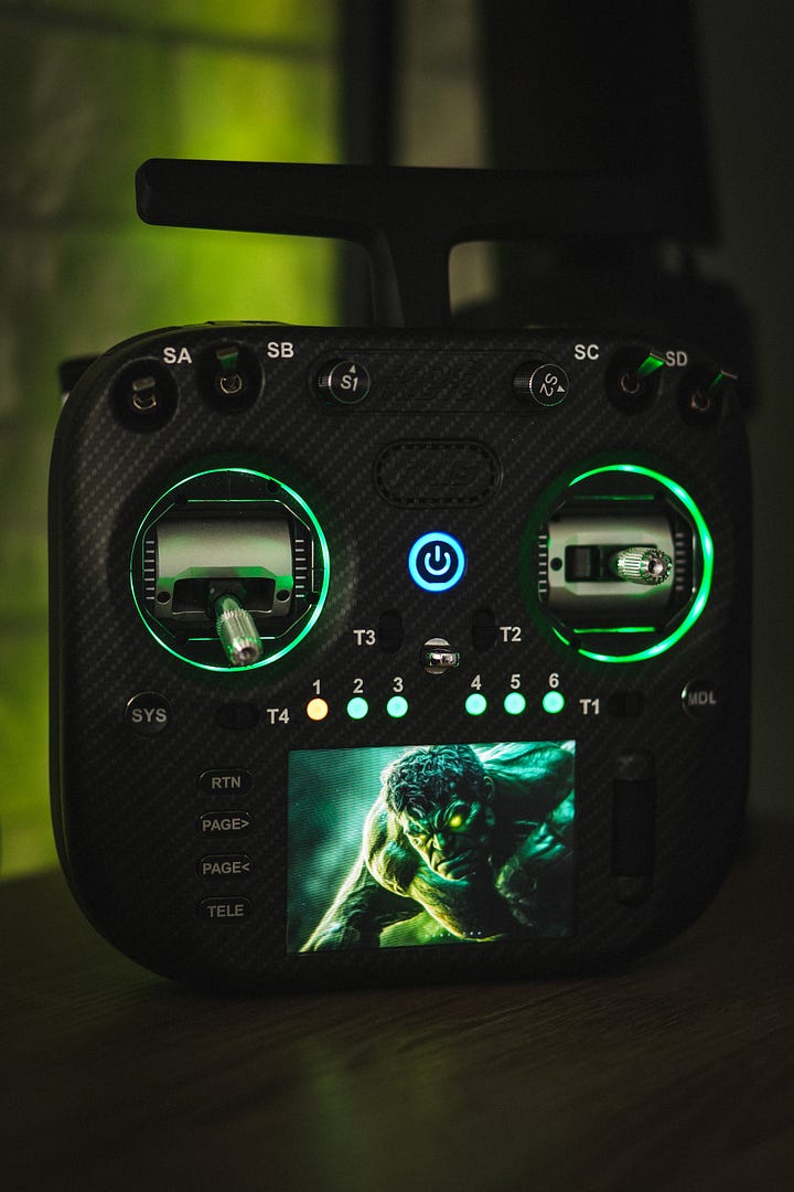 RadioMaster TX15 Max showcasing different color themes, including red, purple, green, blue with beautiful led and AG02 sticks