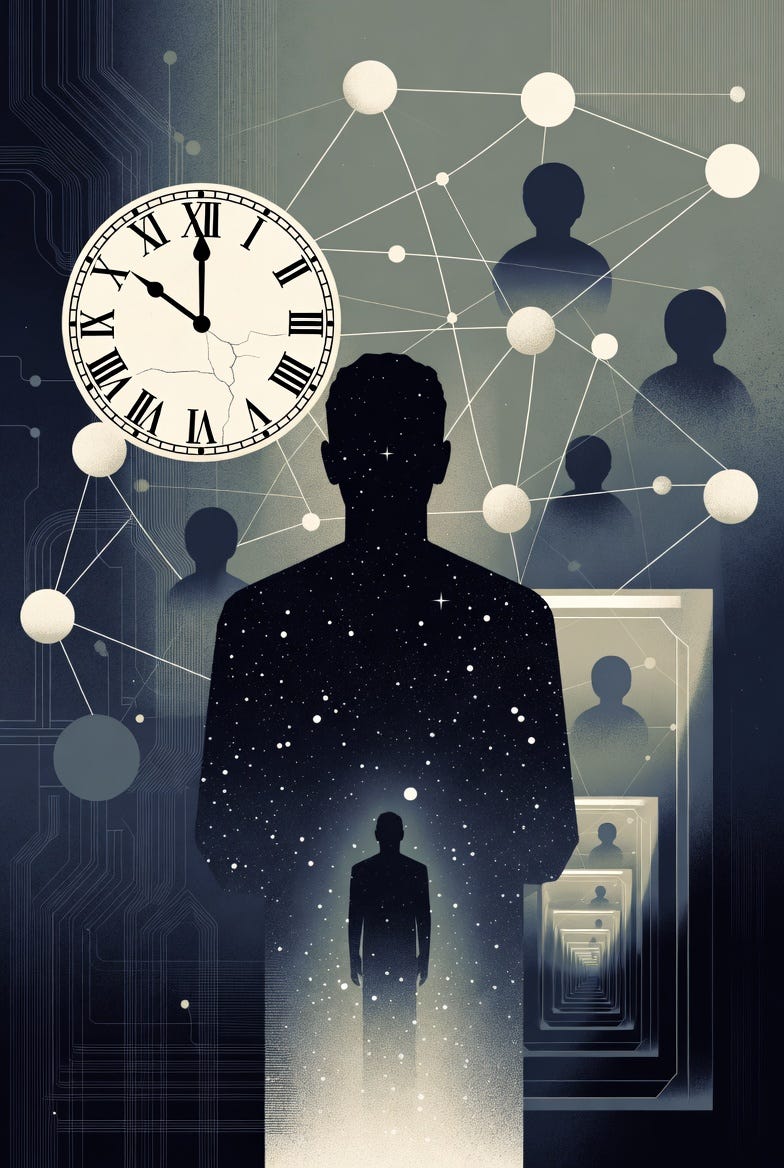 A 1920s poster with a reflective theme, featuring a fading silhouette, clock, and symbolic elements in a dark, starry night sky. A 1920s poster with a reflective theme, featuring a fading silhouette, clock, and symbolic elements in a dark, starry night sky.