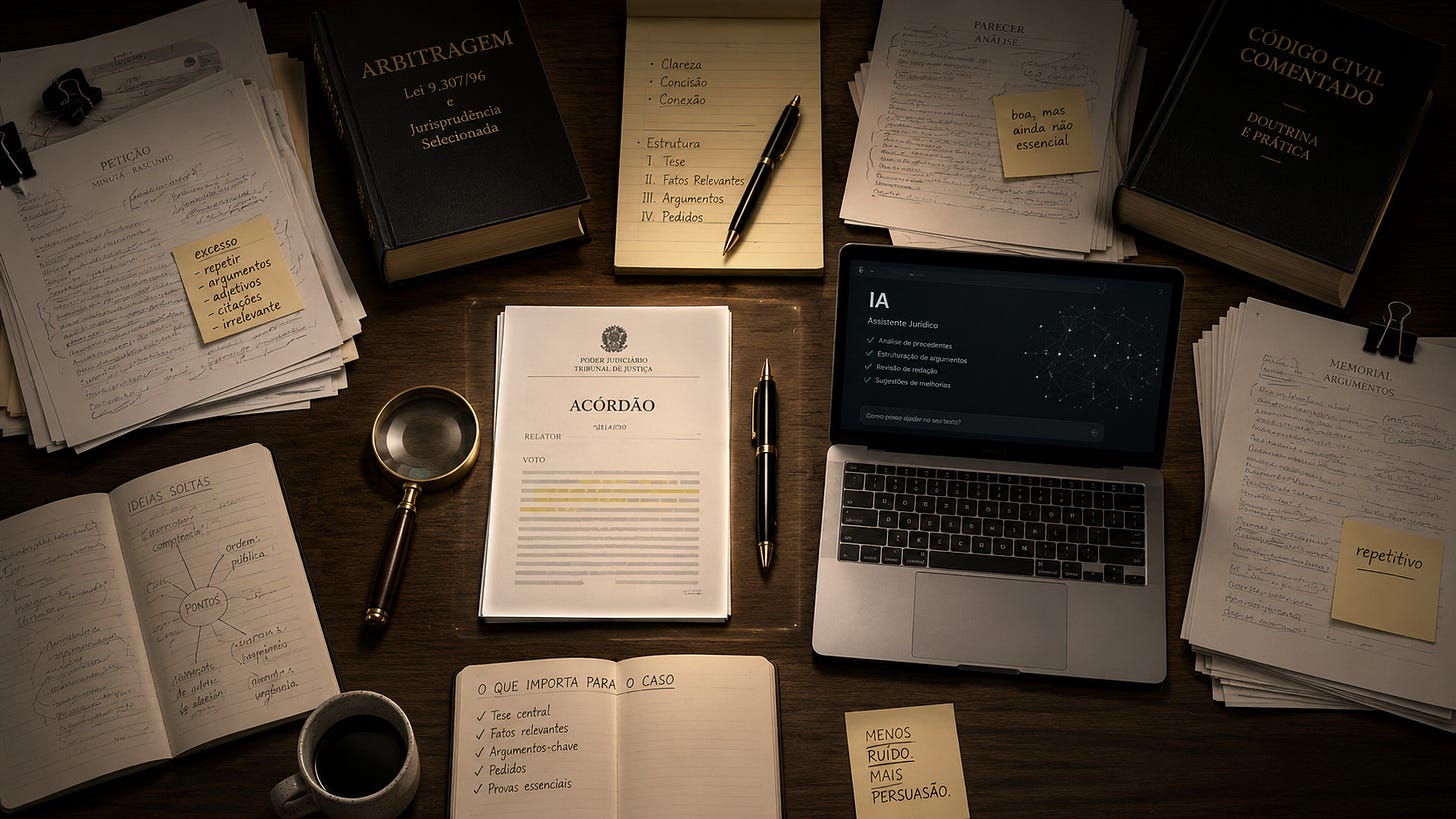 Mesa de trabalho jurídica vista de cima, com livros de Direito e arbitragem, petições e memoriais anotados, acórdão, lupa, canetas, café e notebook com assistente de inteligência artificial. Anotações destacam clareza, concisão e conexão, além da seleção dos fatos, argumentos e provas essenciais para o caso. Mesa de trabalho jurídica vista de cima, com livros de Direito e arbitragem, petições e memoriais anotados, acórdão, lupa, canetas, café e notebook com assistente de inteligência artificial. Anotações destacam clareza, concisão e conexão, além da seleção dos fatos, argumentos e provas essenciais para o caso.