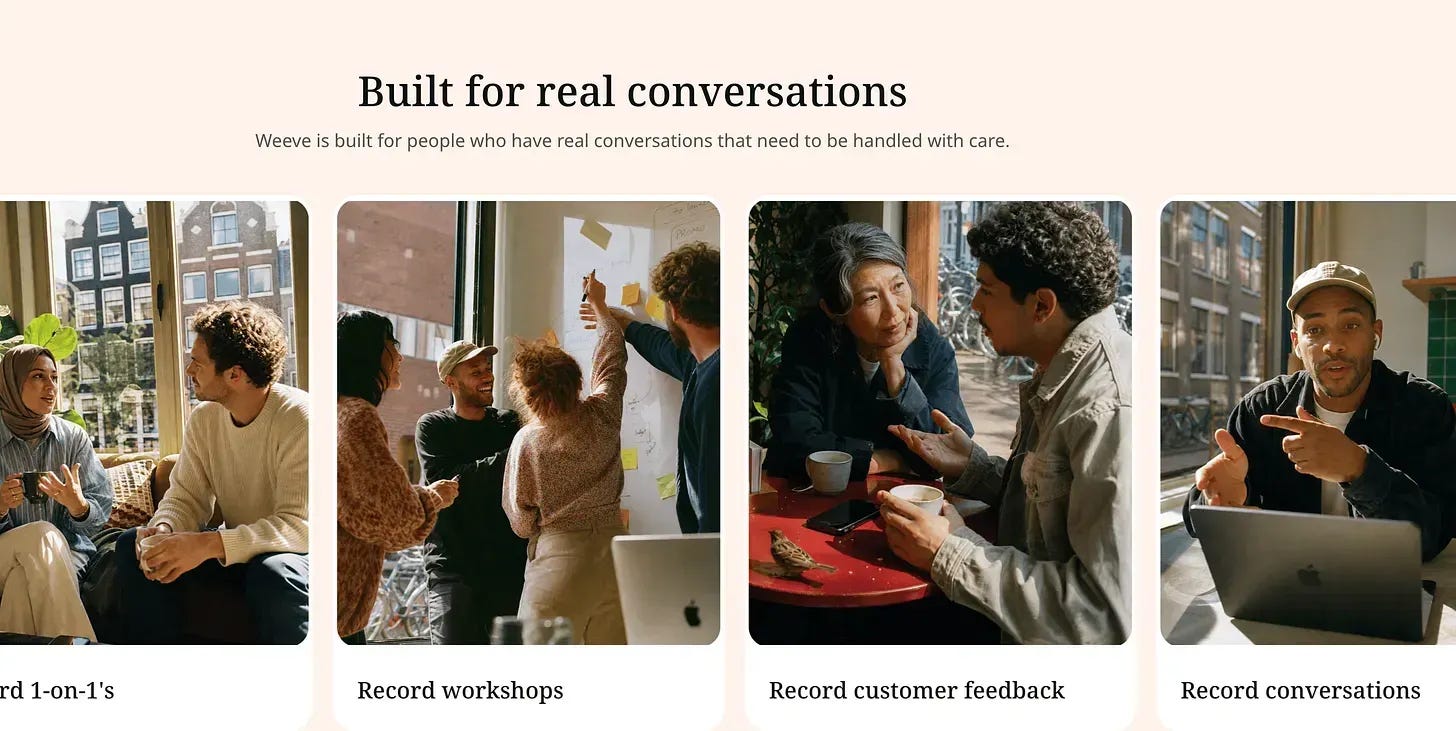 Screenshot of Weeve's examples of what you can use its AI note taker for, including recording workshops, 1-on-1 chats, presentations and customer interviews. The images show people in these situations.