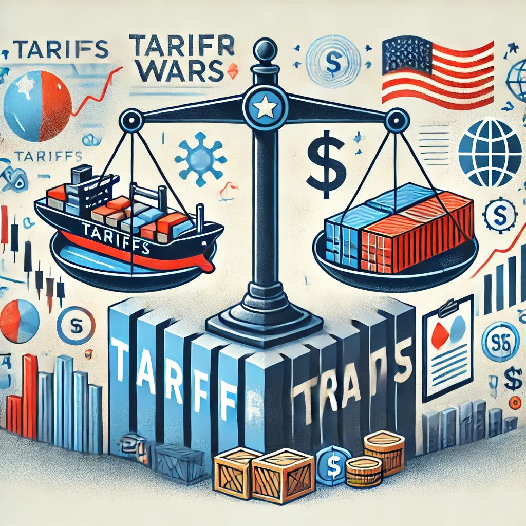 A professional and impactful illustration representing the challenges of tariff wars and US trade policy. One image features symbolic elements like a cargo ship stuck between raised barriers labeled 'Tariffs,' surrounded by trade-related icons such as shipping containers, export crates, and a globe. The second image shows a balance scale with the US flag on one side and global trade symbols (e.g., a container, currency, and stock charts) on the other, emphasizing the impact of tariffs on international trade. Use a modern, clean design with muted blues, reds, and neutral tones to maintain a professional tone.