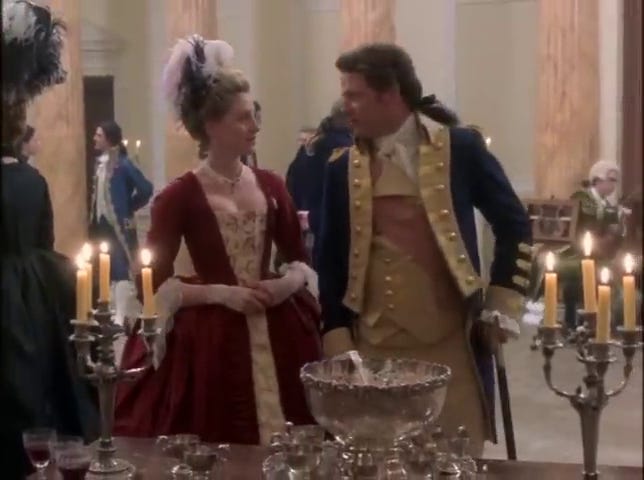 Peggy Shippen with John André & Benedict Arnold (walking with a cane).