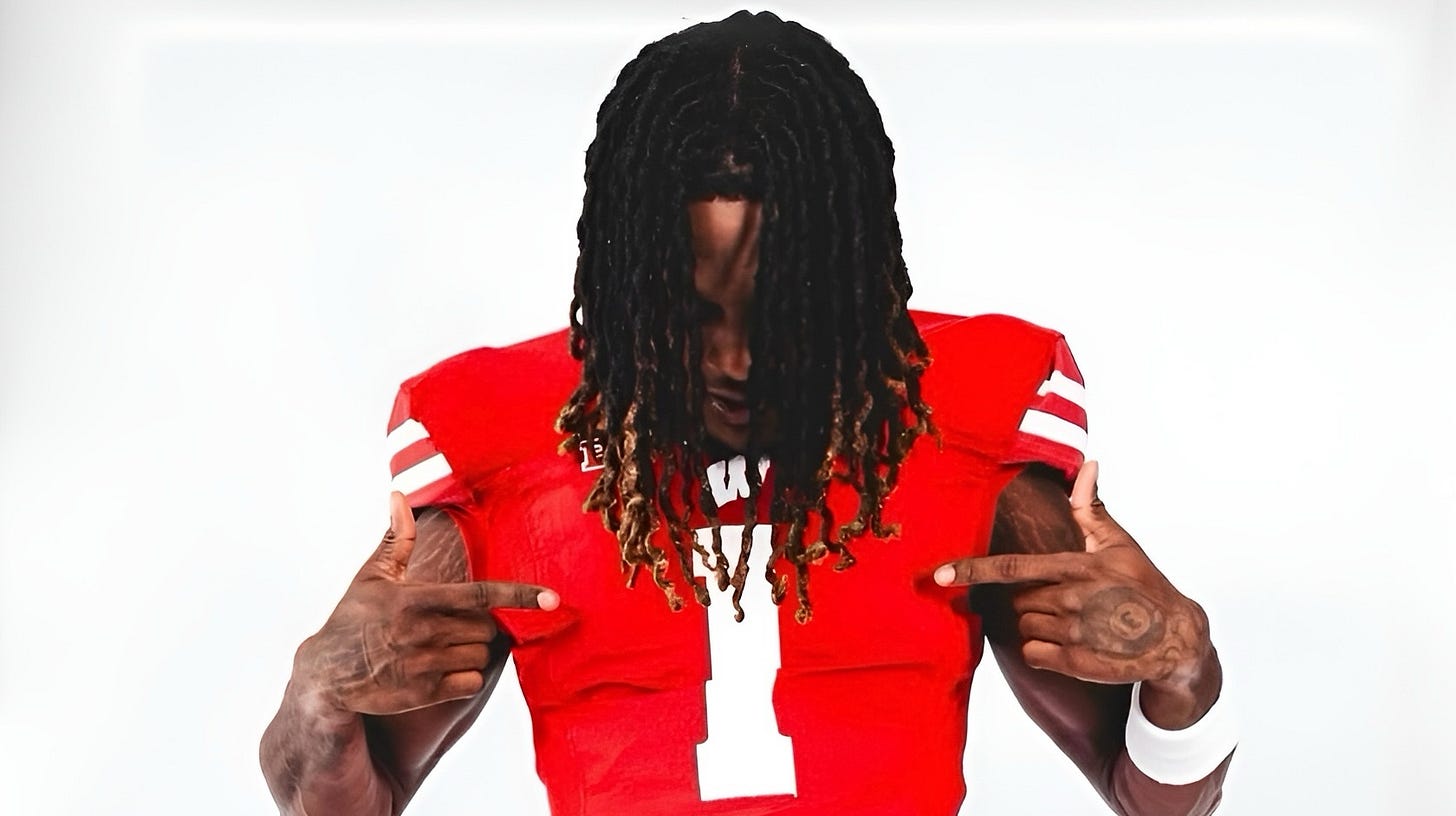Wisconsin Badgers WR Dekel Crowdus poses during a photoshoot Wisconsin Badgers WR Dekel Crowdus poses during a photoshoot