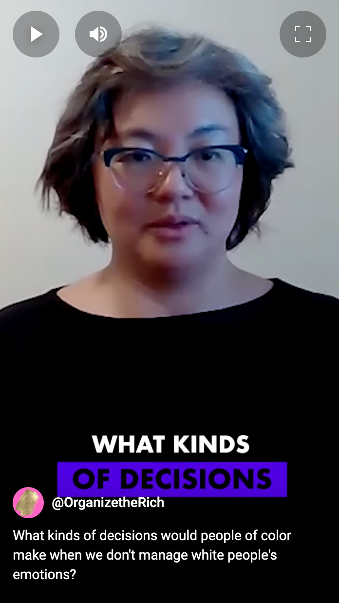 A screenshot photo of Sharon talking during our interview in a video clip. The text at the bottom says "What kinds of decisions?"