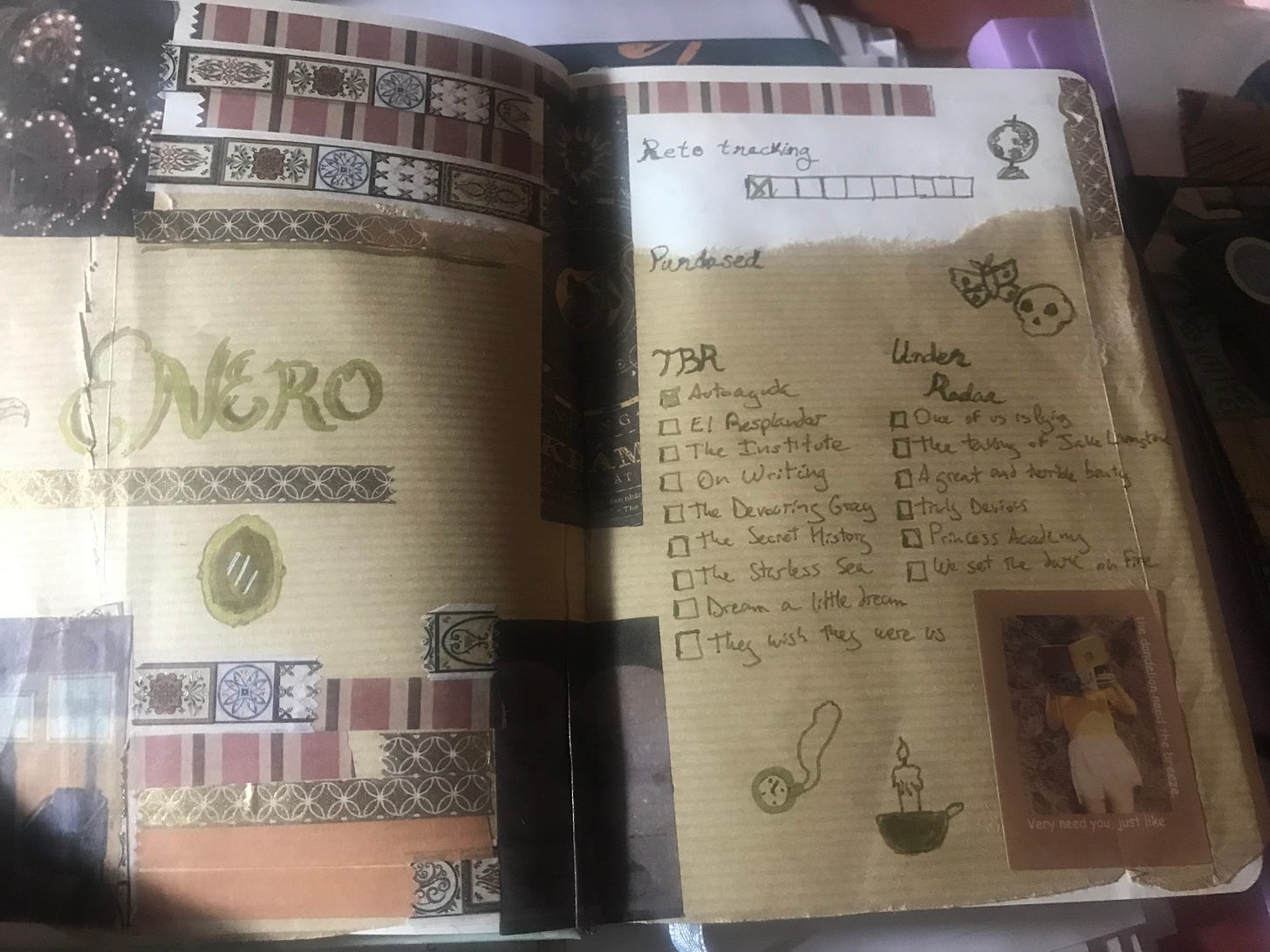 Página de enero de un reading journal, estilo dark academia