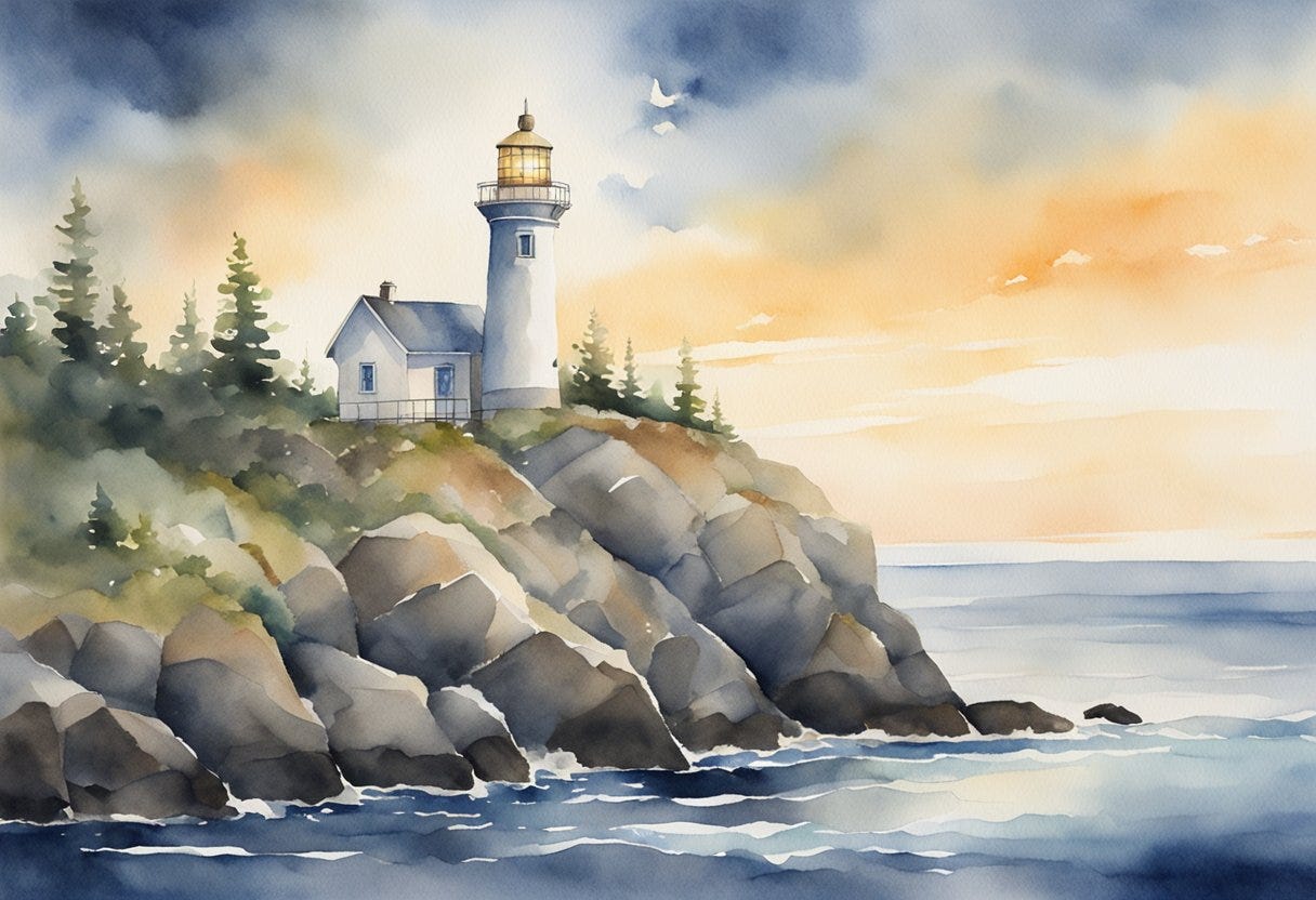 A shining lighthouse on a rocky coastline, casting light and guiding ships through the darkness