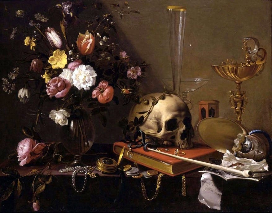 Adriaen_van_Utrecht-_Vanitas_-_Still_Life_with_Bouquet_and_Skull 1642