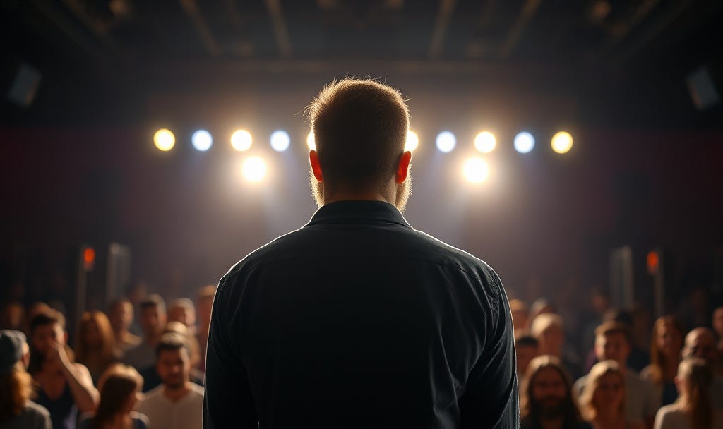 back of bearded man standing on stage facing bright lights and an audience looking at him autism ADHD burnout recovery healing masking unmasking