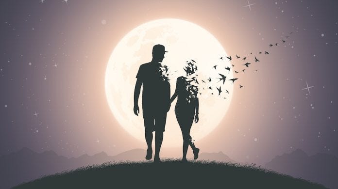 Couple,In,Love,Walking.,Death,And,Afterlife.,Flying,Birds,,Full