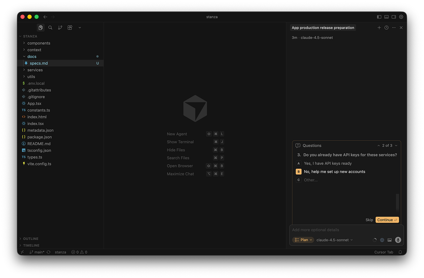 A chat interface displays a question about existing API keys with an option selected requesting help to set up new accounts. A chat interface displays a question about existing API keys with an option selected requesting help to set up new accounts.
