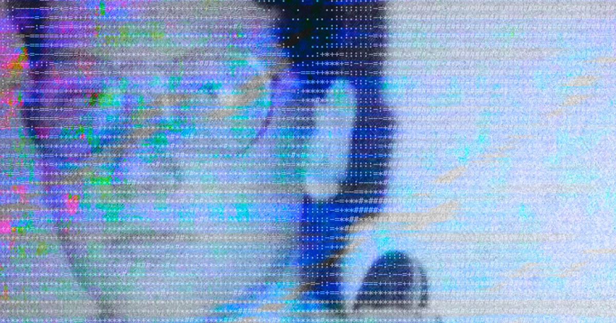 Abstract, glitch-style header image of a pixelated face rendered in ASCII-like symbols with neon blues, purples, and greens, evoking vintage dial-up computer graphics.