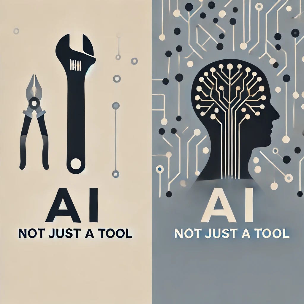 A minimalistic cover image. On the left side, a simple, abstract icon of a tool like a wrench, representing the outdated view of AI as just a tool. On the right side, an abstract neural network pattern, symbolizing the complex, autonomous reality of AI. In the center, a clean silhouette of a humanoid AI figure without any puppet strings. The background should be split into two contrasting colors matching a soft, modern color palette. At the bottom, the title 'AI: Not Just a Tool' in a clean, modern font.