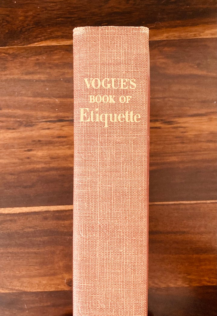 Four images, one of the spine of a red cloth book cover with gold letters that reads Vogue's Book of Etiquette. It's set on a dark wood background. The next three images are all shots from teh book, The interior title page, and the two pages of excerpt related to the article. No interesting notes about font or layout.