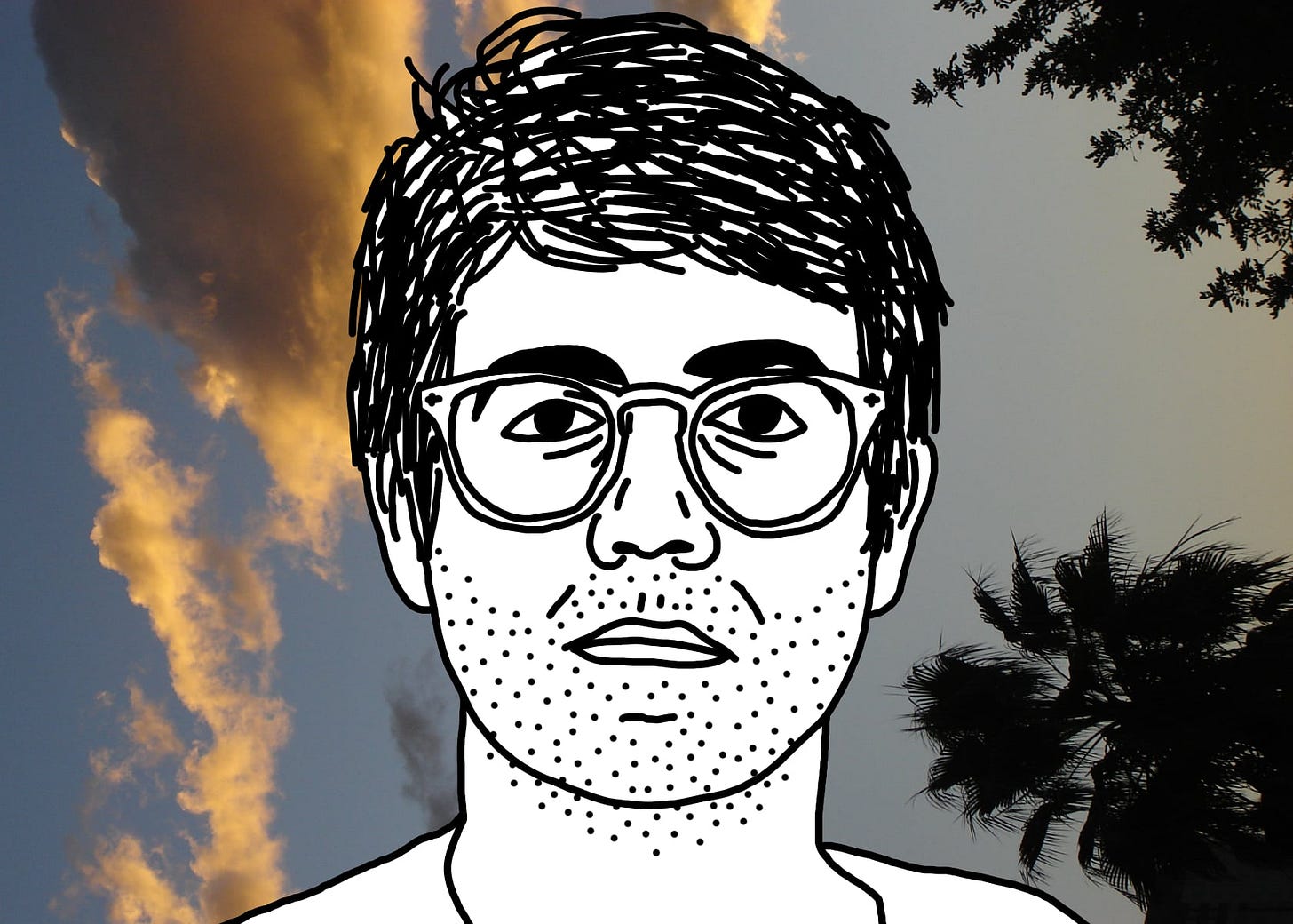 A black line drawing of Alex, the protagonist of "I Hear You Watching." He is white, short messy parted hair, glasses. He stares straight at you, unsmiling. He has a five-o’clock shadow and bags under his eyes. Behind him is a sideways photo of golden morning clouds and a palm tree.