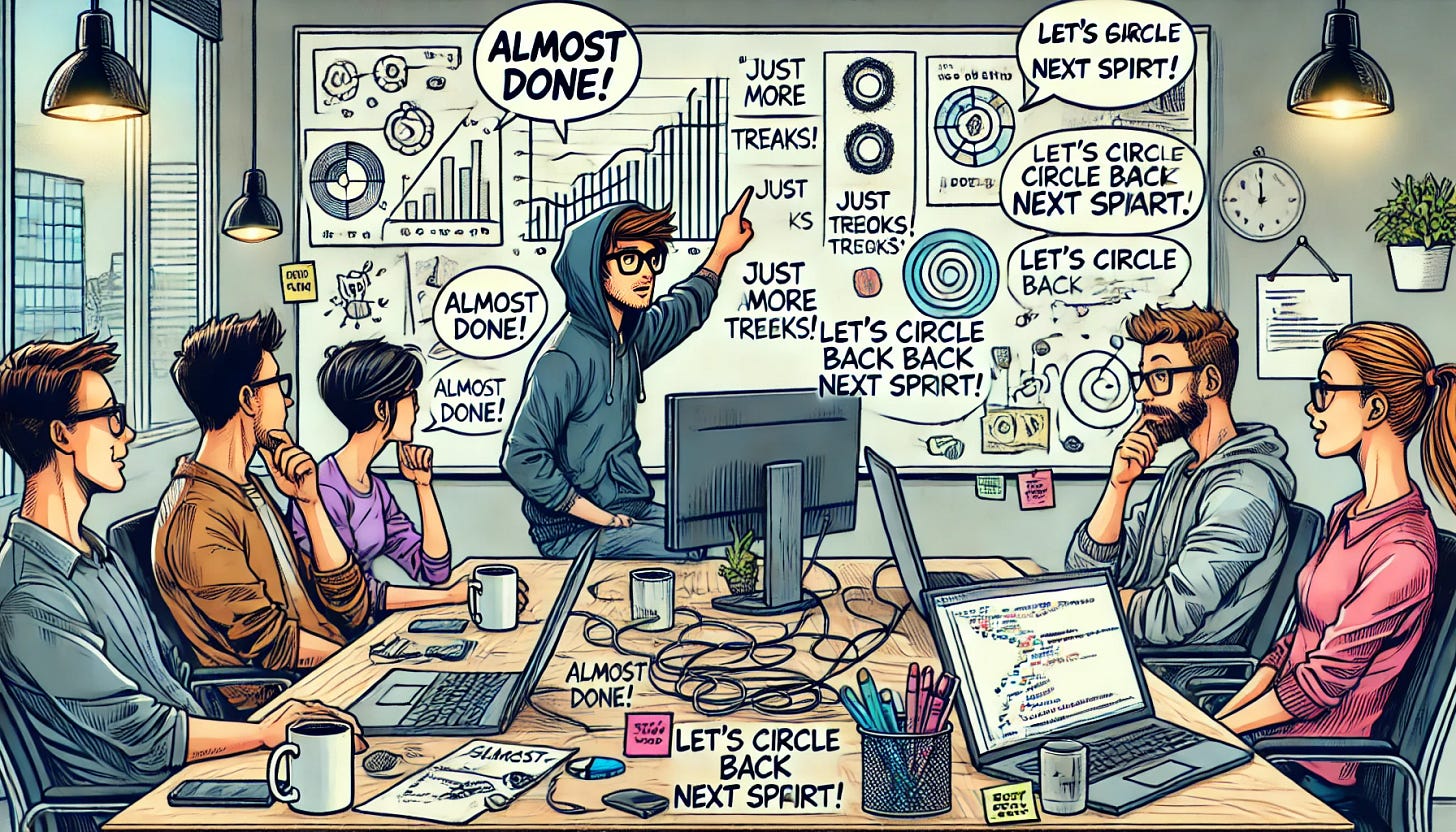 A comic drawing of a Software Engineer sitting at his desk, presenting his progress update in a humorous and engaging way. The engineer, wearing glasses and a hoodie, is pointing to a whiteboard with charts and code snippets, while colleagues look on with curiosity and some confusion. Speech bubbles include phrases like 'Almost done!', 'Just a few more tweaks!', and 'Let's circle back next sprint.' The setting is a modern tech office with laptops, coffee mugs, and sticky notes everywhere.