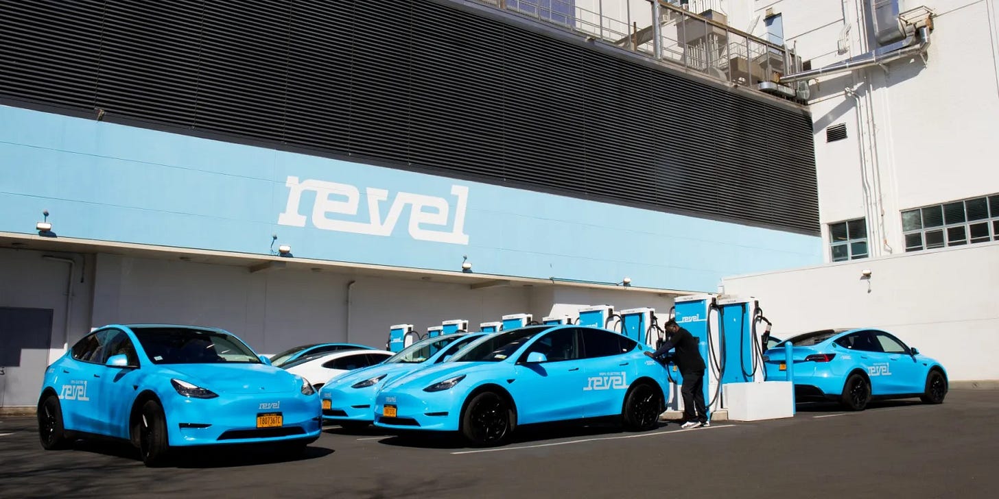 Revel branded EVs and charging station in Brooklyn, NY. 