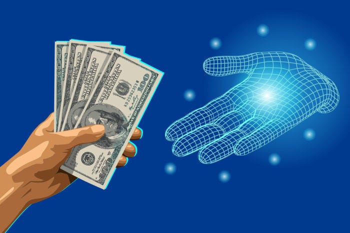 Illustration of a human hand giving money to a digital hand. Illustration of a human hand giving money to a digital hand.