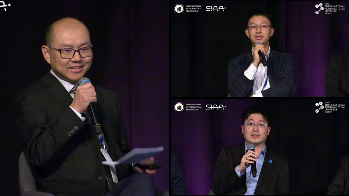 Yi Yuan (left), Lijun Huang (top right), and Xu Yan (bottom right) speak during the space computing panel at the 76th International Astronautical Congress. Yi Yuan (left), Lijun Huang (top right), and Xu Yan (bottom right) speak during the space computing panel at the 76th International Astronautical Congress.