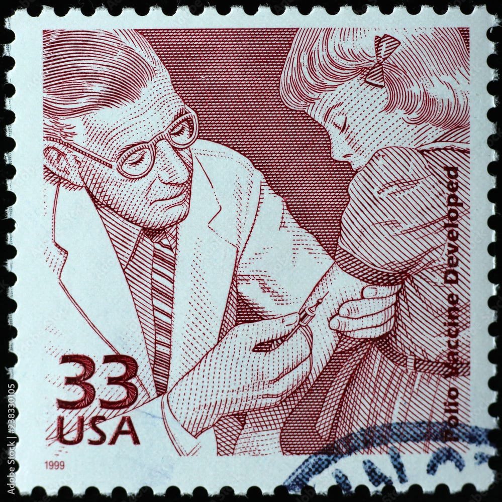 Doctor injecting polio vaccine on american postage stamp, Silvio Foto,  Poster, Wandbilder bei EuroPosters