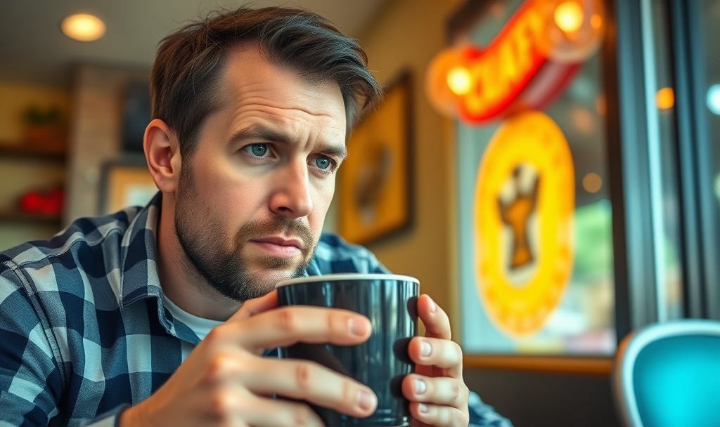 A man sits alone in a café holding an untouched mug of coffee, gazing downward with a thoughtful, inward expression as soft daylight filters through the window. He is pondering his return to inner excellence. A man sits alone in a café holding an untouched mug of coffee, gazing downward with a thoughtful, inward expression as soft daylight filters through the window. He is pondering his return to inner excellence.