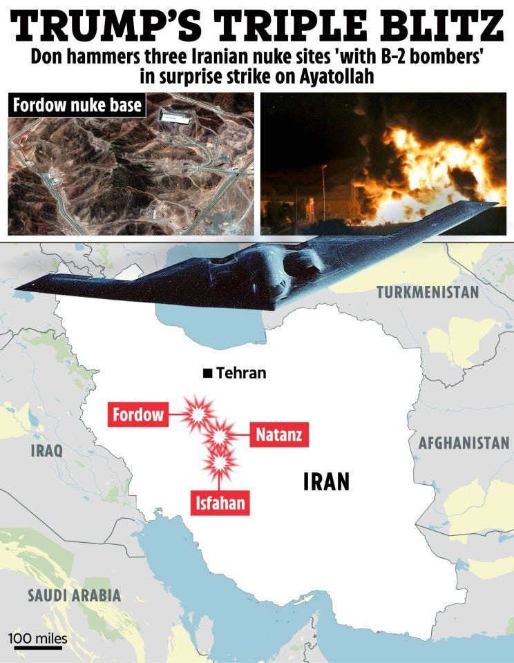 Illustration of a map showing three sites in Iran that were allegedly bombed, accompanied by images of a B-2 bomber and a fire.