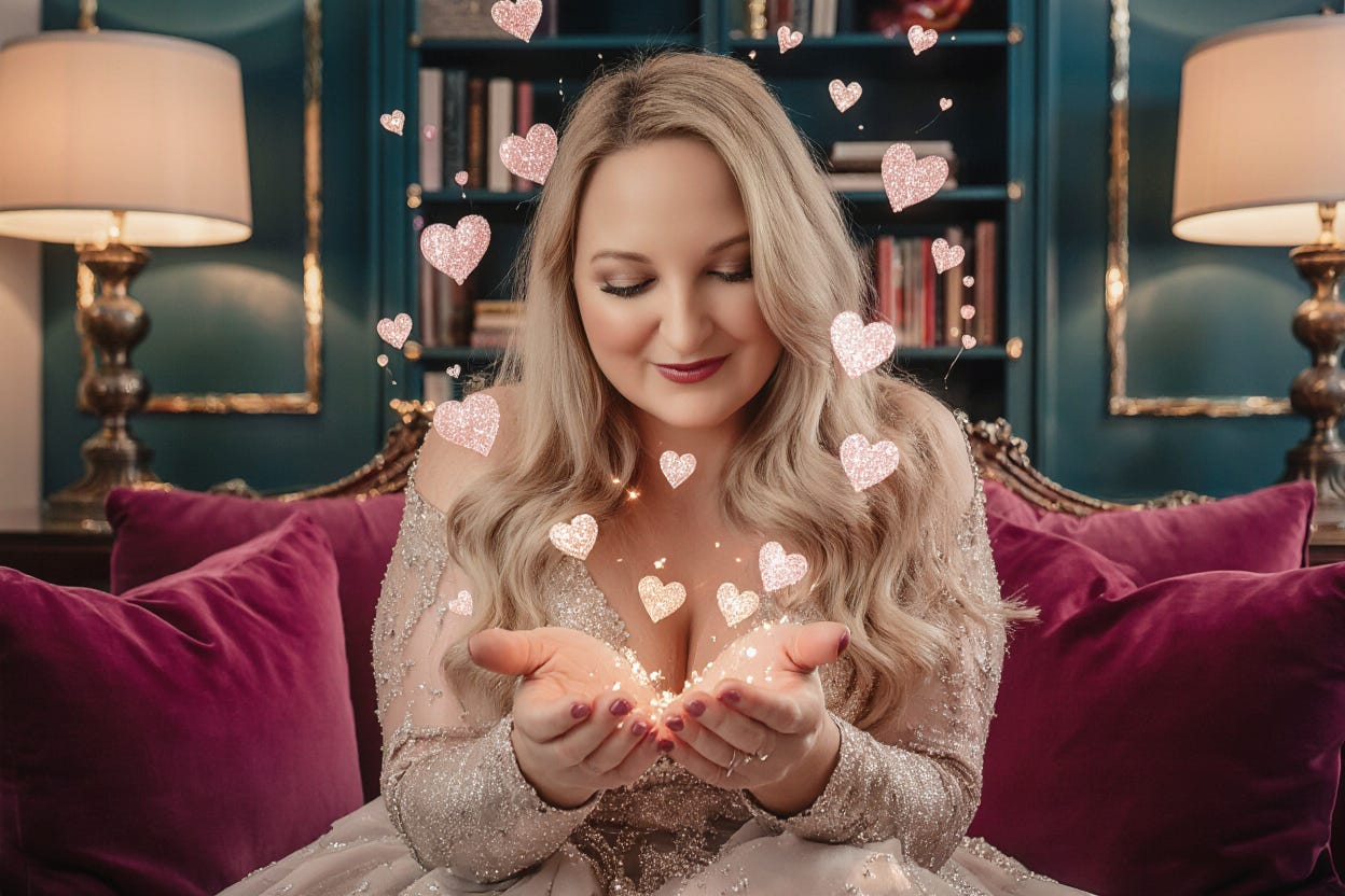 voluptuous curvy Woman with long blonde hair, slight smile on her face, soft lighting, love hearts are coming out her of her hands and sparkly, sitting on a couch in a lux lounge room, fuschia and teal green colors, bookshelf in the background, art deco. luxuary and charm