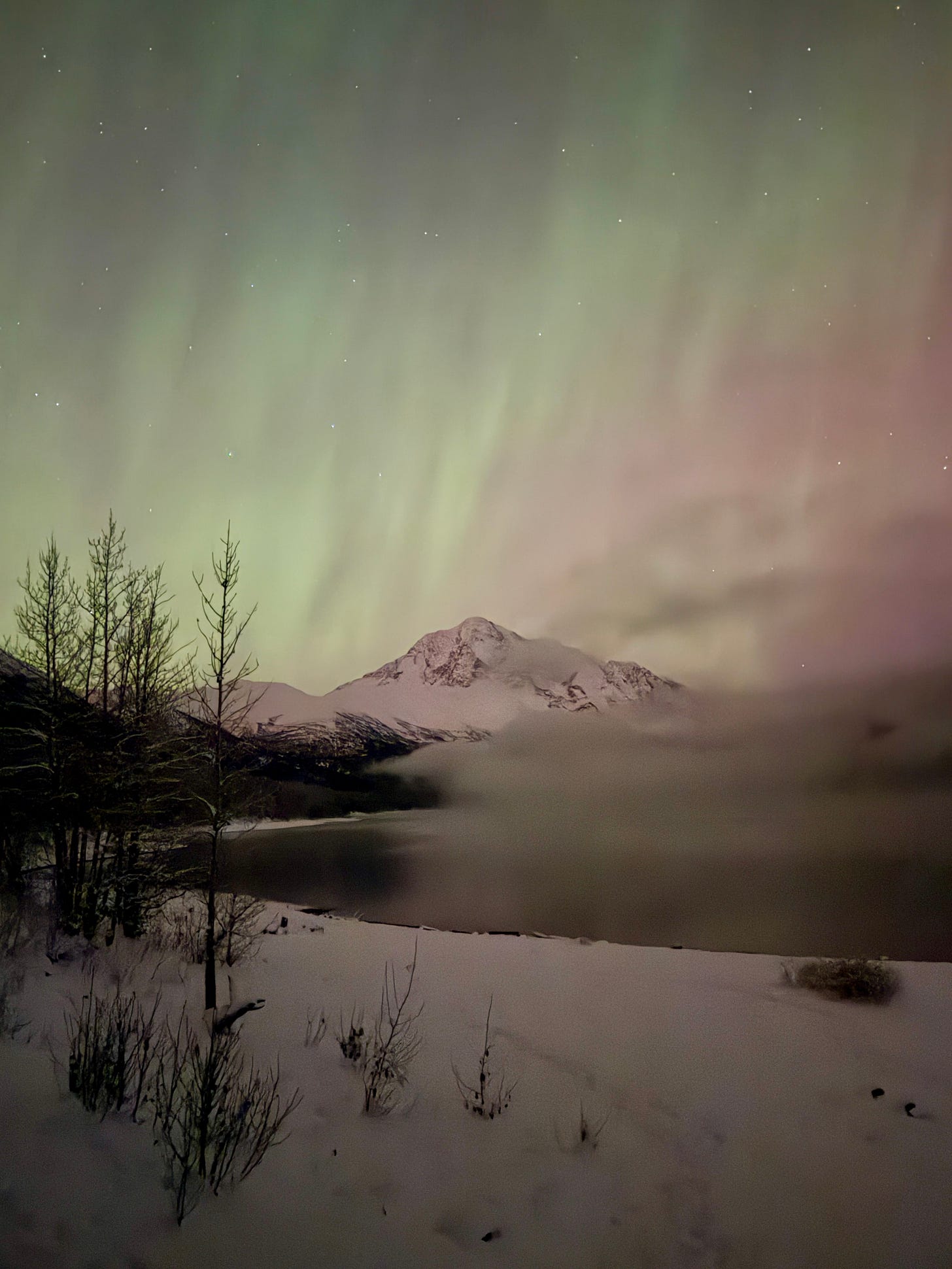 Weak aurora over Eklutna Lake.