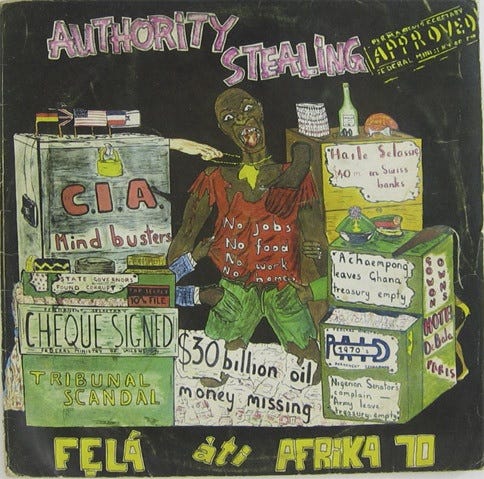 Tunde Orimogunje cover art design for Fela Anikulapo Kuti & Egypt 80 band's 1980 'Authority Stealing' album Tunde Orimogunje cover art design for Fela Anikulapo Kuti & Egypt 80 band's 1980 'Authority Stealing' album