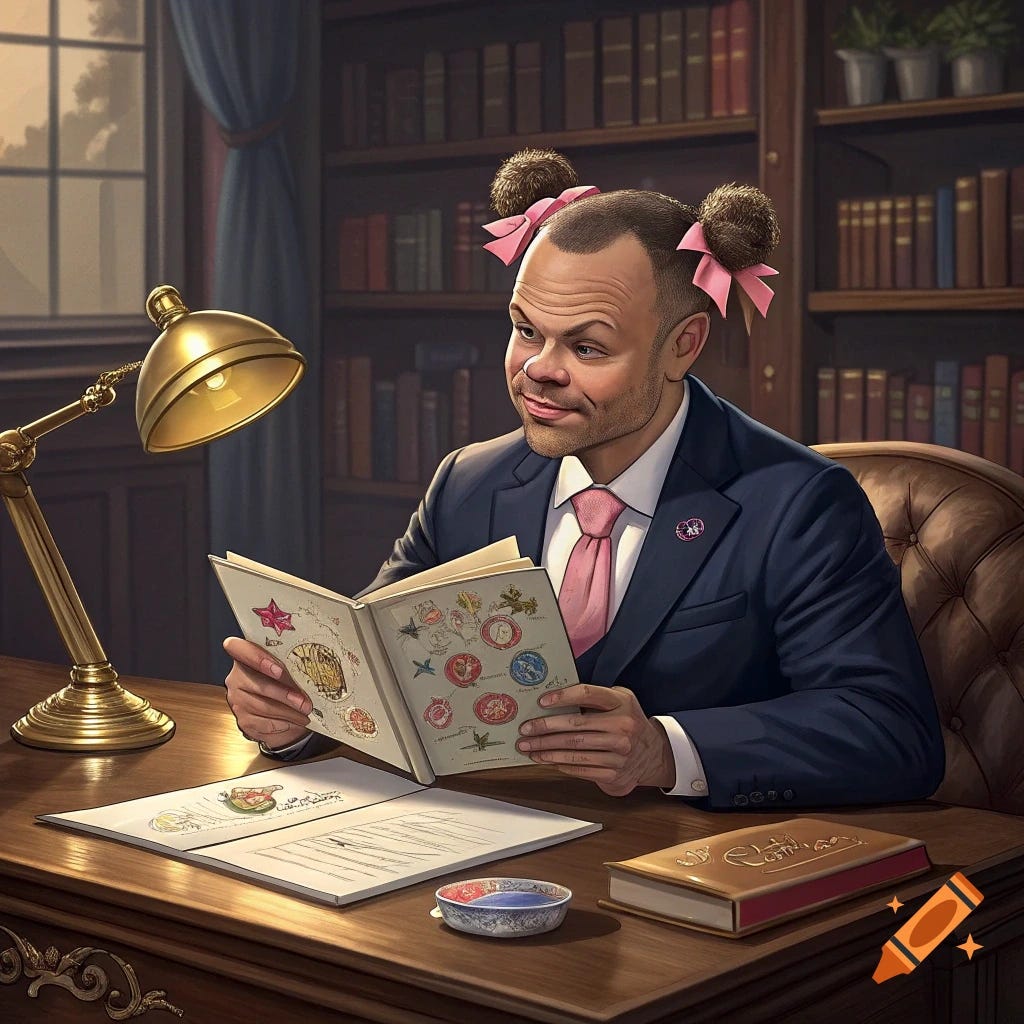 Deputy FBI Director Dan Bongino with cute pigtails hair and writing in a cute little diary