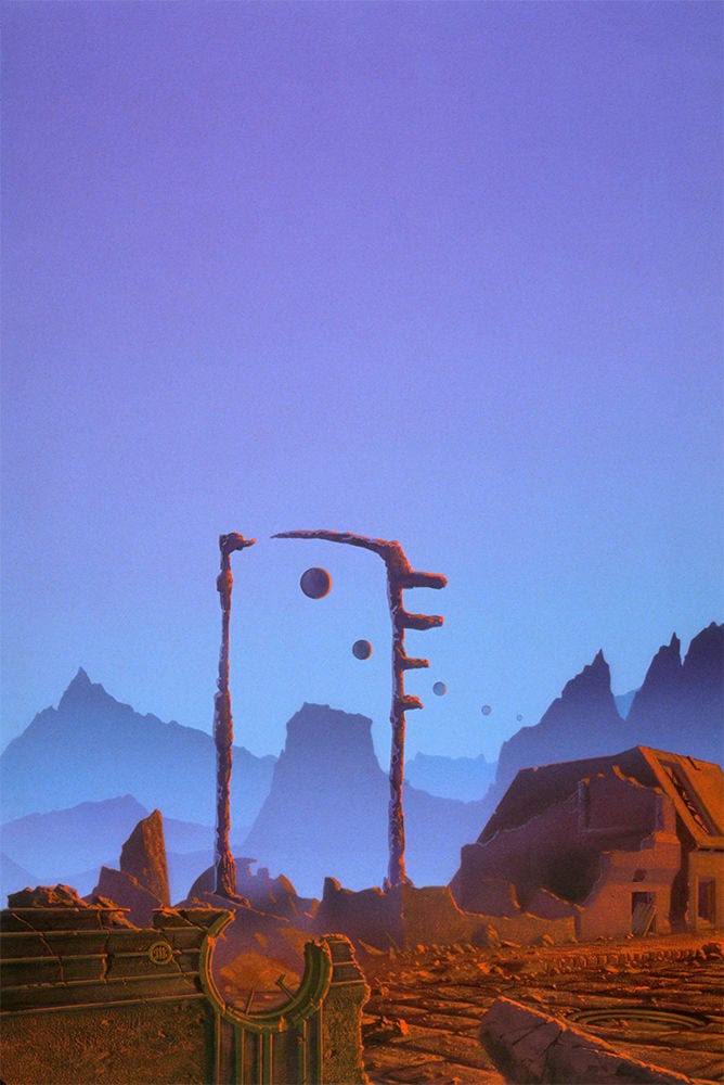 Full painting used for the back cover with more verticality to match the dimensions of the original painting THE BLOODY SUN 2. The wraparound cover art continues the silhouette of mountains defining the horizon. A tall, squared arch stands in ruin as a series of orbs project around the mountains. The facade in the immediate foreground is weathered and broken, including a circular window with the upper right broken open. A pair of buildings stands across the brick street, the nearest broken open to expose its interior while the next remains intact.