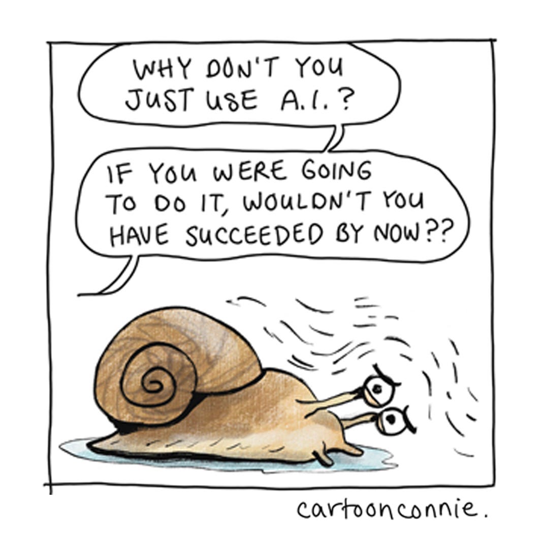 Panel 5 of a 6-panel autobio comic strip about the challenges of writing a book and how long and arduous the process can be. Titled "A Snail's Pace," 2026. Original art by Connie Sun, cartoonconnie.