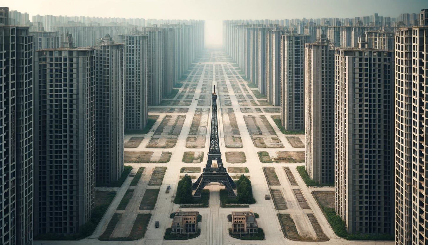A wide aspect ratio, real-life-like image showing a massive Chinese ghost city where nobody lives, with a replica of the Eiffel Tower in the center. The scene features rows of empty, modern high-rise buildings and abandoned streets. The cityscape includes unfinished construction sites, overgrown vegetation, and an eerie, deserted atmosphere. The architecture is contemporary, with skyscrapers, apartment complexes, and wide roads, all devoid of human activity. The replica of the Eiffel Tower stands prominently, adorned with imprints of the Chinese flag. The overall mood is haunting and silent, capturing the desolate and eerie nature of a ghost city in China.