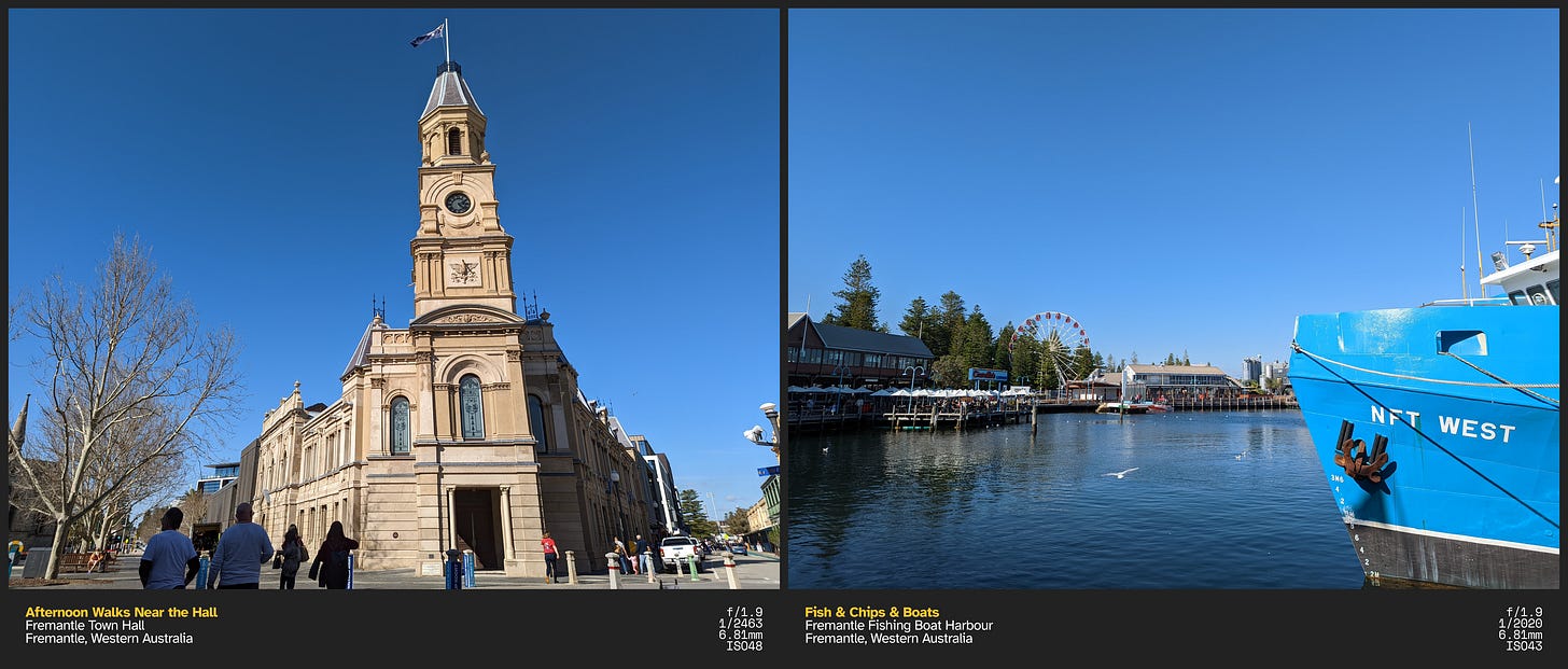 Left: A town hall building with a clock tower with the Australian flag flying on top. Also seen are a group of people walking; Right: A blue and grey-colored boat named "NFT West" is docked on the harbor. To the left of the boat are multiple buildings and a ferris wheel