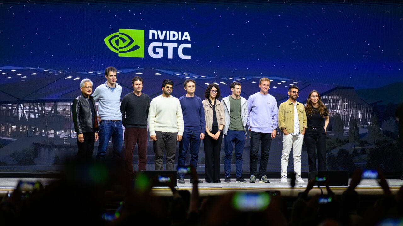 Standing from left to right: Jensen Huang, Arthur Mensch, Daniel Nadler, Aravind Srinivas, Misha Laskin, Hanna Hajishirzi, Harrison Chase, Robin Rombach, Anjney Midha, Mira Murati Standing from left to right: Jensen Huang, Arthur Mensch, Daniel Nadler, Aravind Srinivas, Misha Laskin, Hanna Hajishirzi, Harrison Chase, Robin Rombach, Anjney Midha, Mira Murati