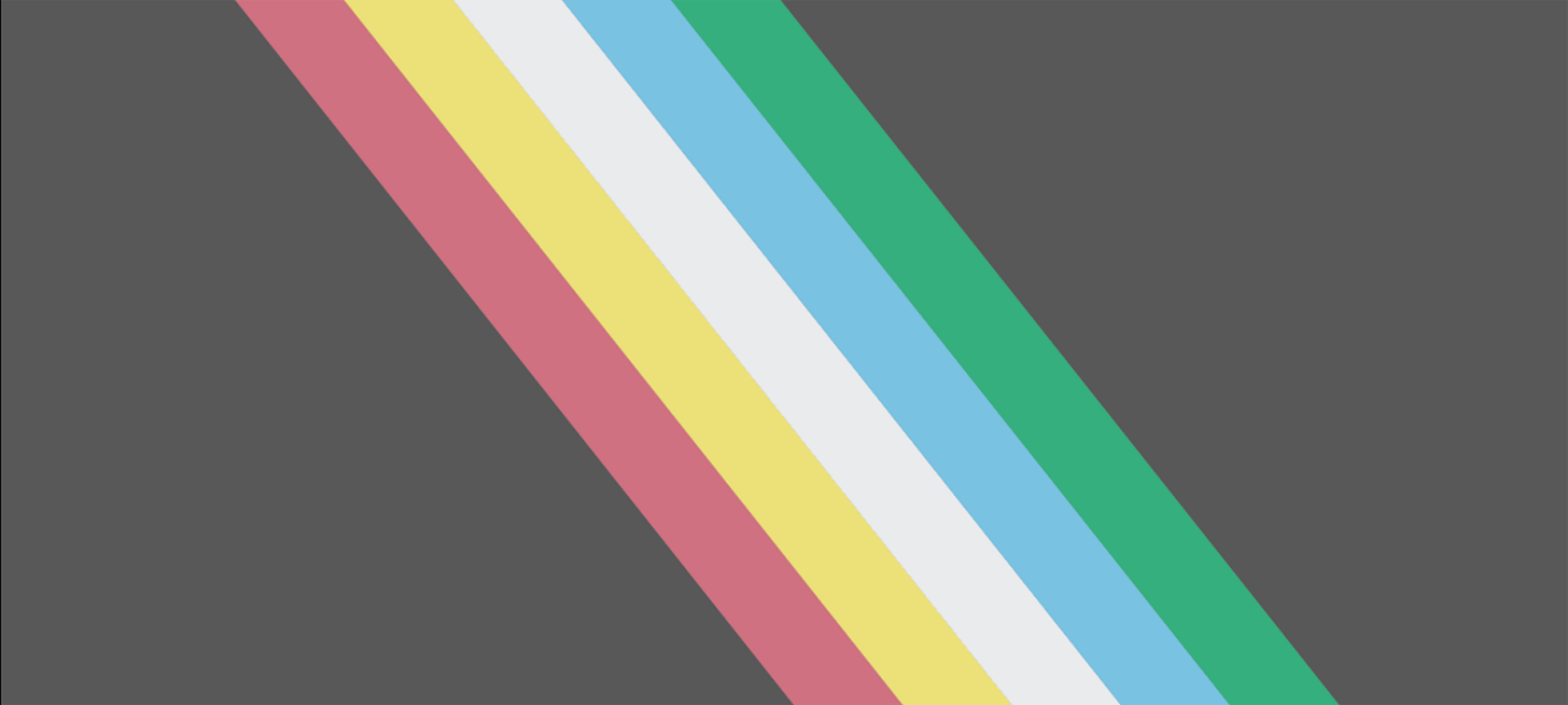 Disability Pride Flag is charcoal background with five stripes top left to bottom right, red, yellow, white, blue and green.